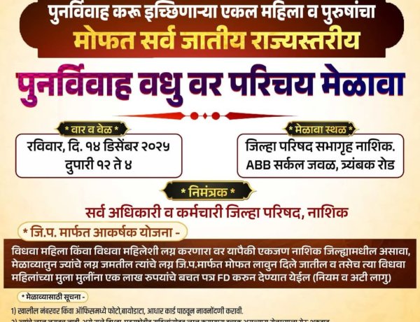 नाशिक जि.प.नवचेतना अभियानांतर्गत राज्यातील पहिला एकल महिला पुनर्विवाह परिचय मेळावा