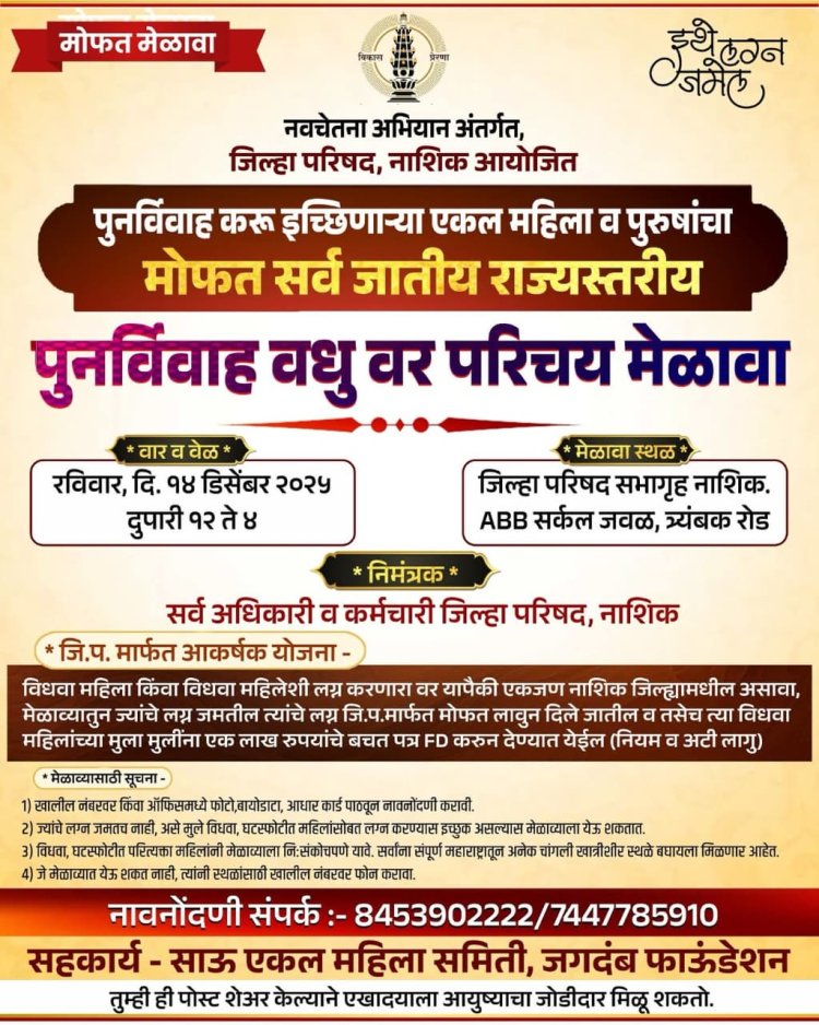 नाशिक जि.प.नवचेतना अभियानांतर्गत राज्यातील पहिला एकल महिला पुनर्विवाह परिचय मेळावा